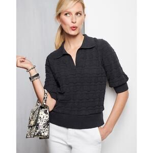 Talbots Johnny Collar Cotton Pullover Short Sleeve Sweater Sz P Cut Out Detail